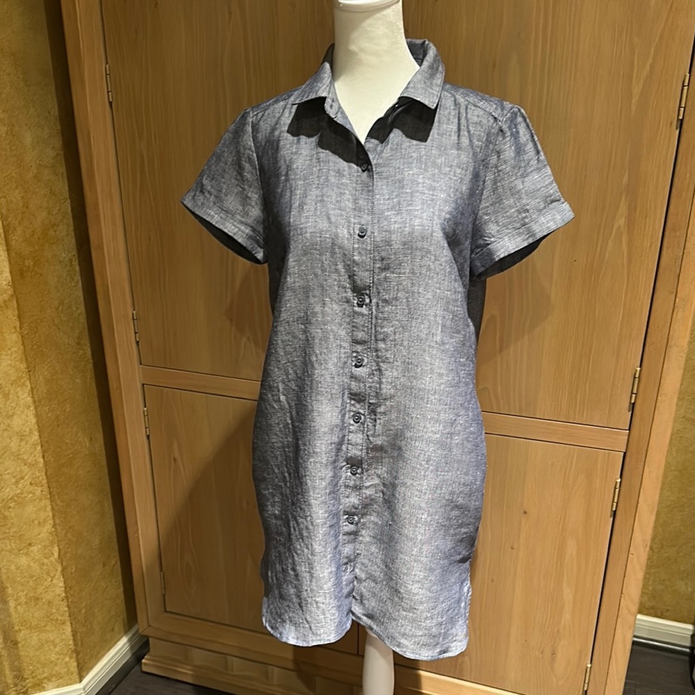 Casual Blue Button-Up Linen and Cotton Dress